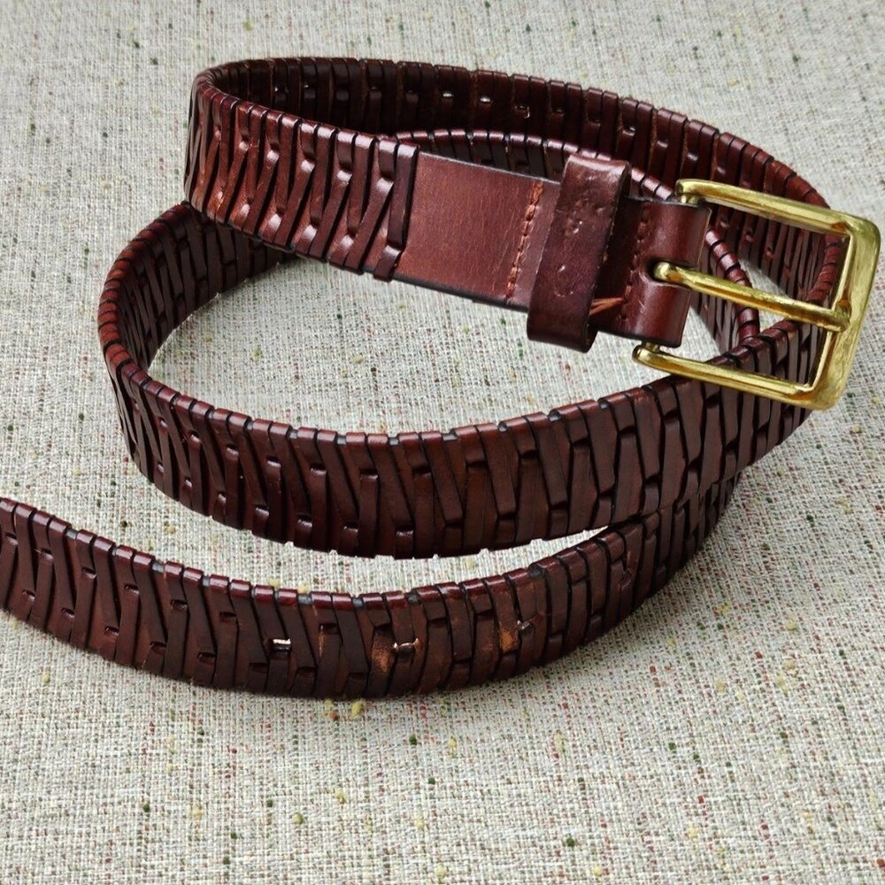 Genuine Leather Belt Brown Braided Unisex Gold Tone Solid Brass Buckle Waistband